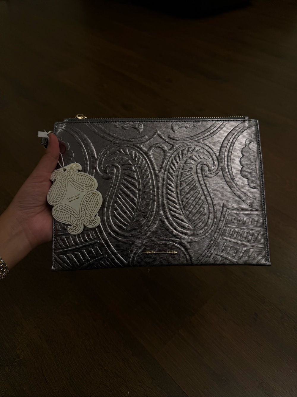 Okhtein Embossed Metallic Silver Wristlet Clutch - Designer Tag
